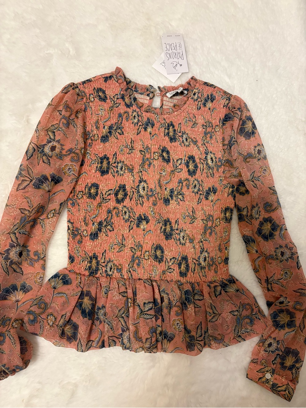 Patrons of Peace Peach Floral Smocked Peplum Blouse